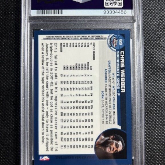 2002 Topps Chrome Refractor #69 Chris Webber PSA 9 MINT Sacramento Kings - Picture 2 of 2
